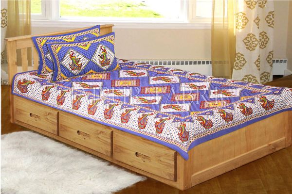 Blue base jaipur Folk dance Design Single Bed Sheet