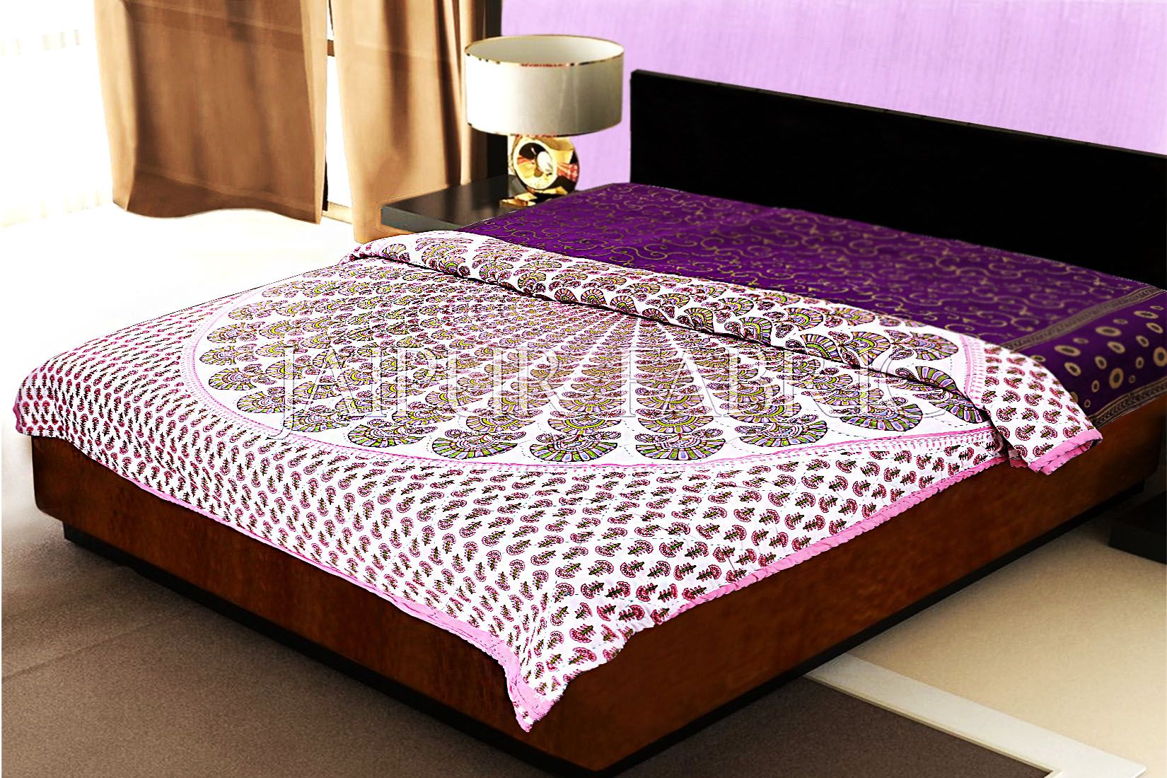 Pink Keri Print Handmade Thread Work Jaipuri Cotton AC Double Bed Quilt