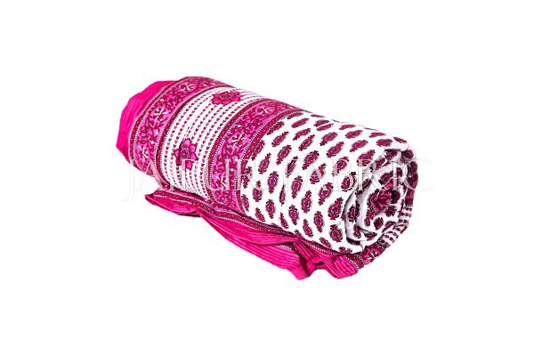 Pink Leaf Print Cotton Handmade Single Bed Jaipuri Quilt