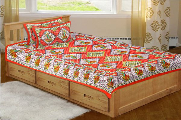 Orange base jaipur Folk dance Design Single Bed Sheet