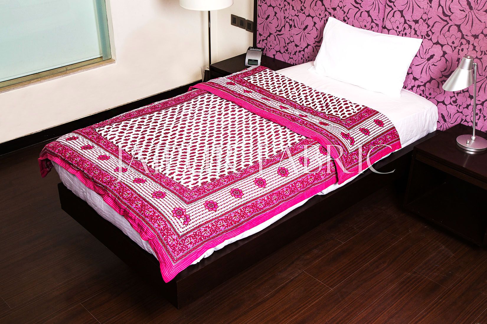 Pink Leaf Print Cotton Handmade Single Bed Jaipuri Quilt