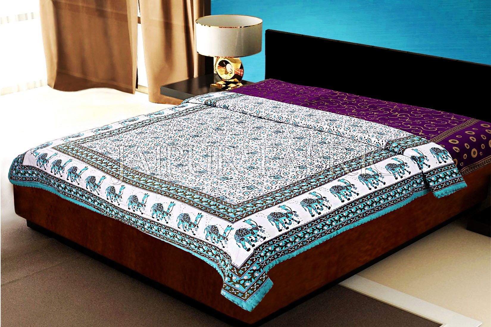 Green Rajasthani Camel Border Flower Print Cotton AC Double Bed Quilt