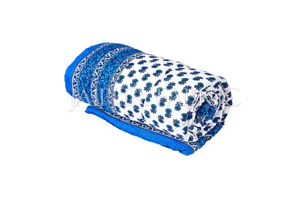 Blue Floral Print Cotton Handmade Single Bed Jaipuri Quilt