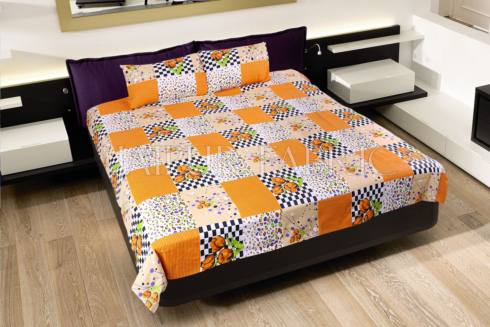 Orange Flower with Checkered Print Double Bed Sheet