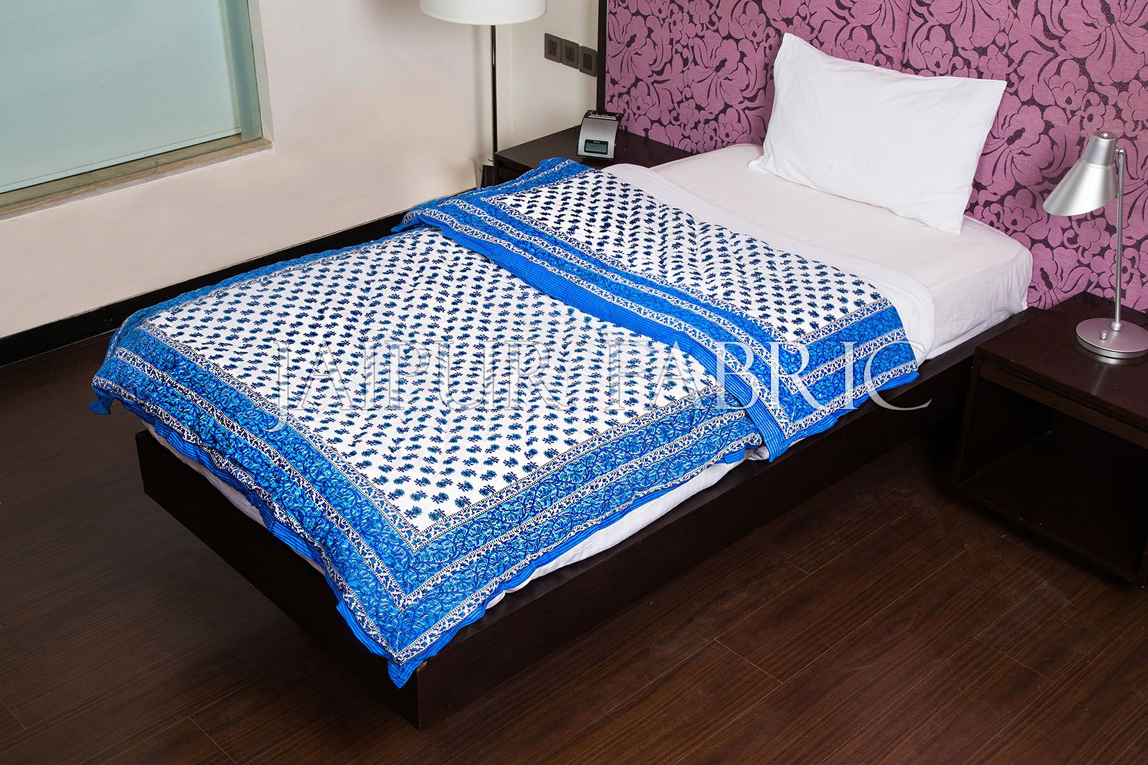 Blue Floral Print Cotton Handmade Single Bed Jaipuri Quilt