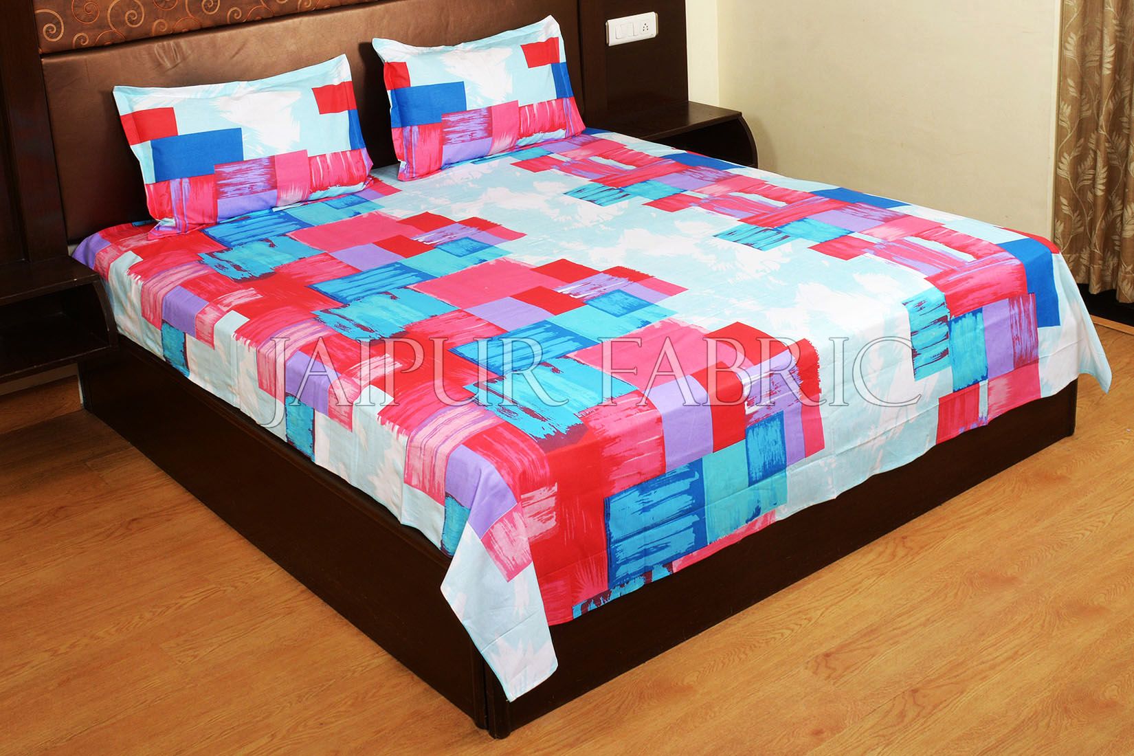 Pink and Blue Modern Design Cotton Double Bed Sheet