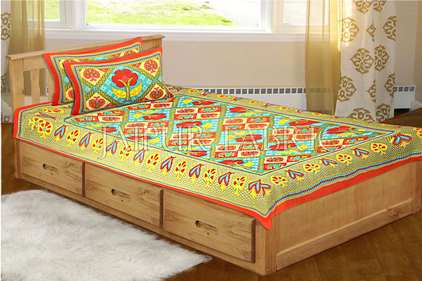 Orange Border Rajasthani Paan Patta Print Cotton Single Bed Sheet