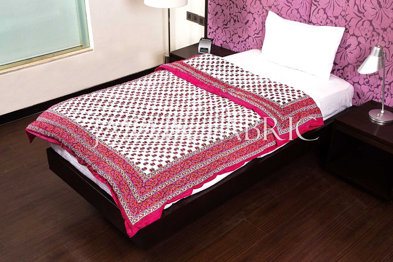 Pink Floral Print Cotton Handmade Single Bed Jaipuri Quilt