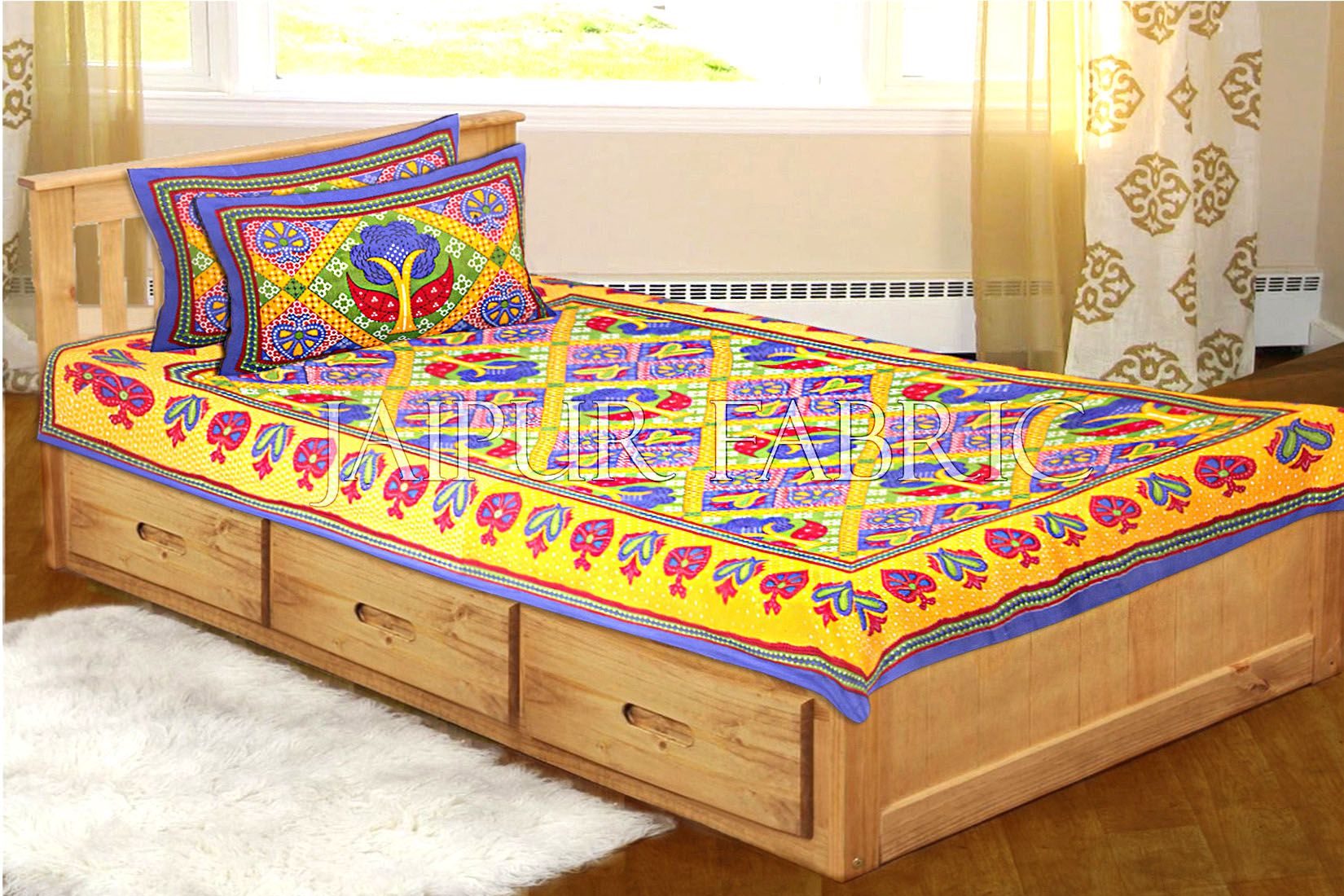 Blue Border Rajasthani Paan Patta Print Cotton Single Bed Sheet