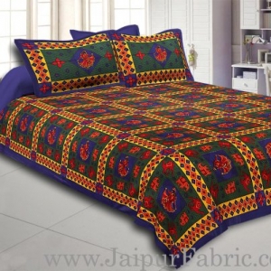 Blue Border Blue Green Base Gujri Dance In Square Pattern Cotton Double Bed Sheet