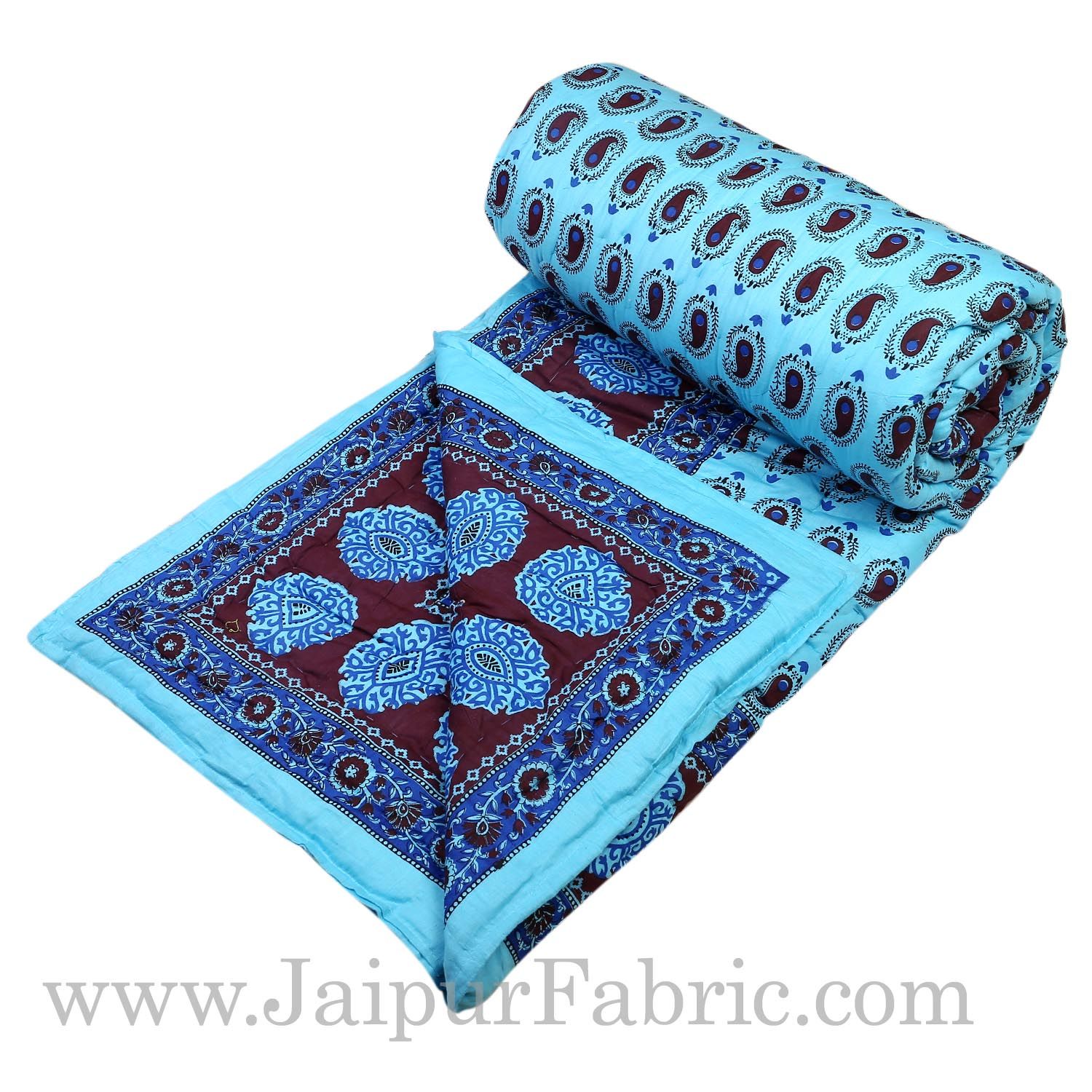 Sky Blue Border With Sky Blue Base  Coffee Color Small Paisley  Print Both Side Printed Cotton Double Quilt