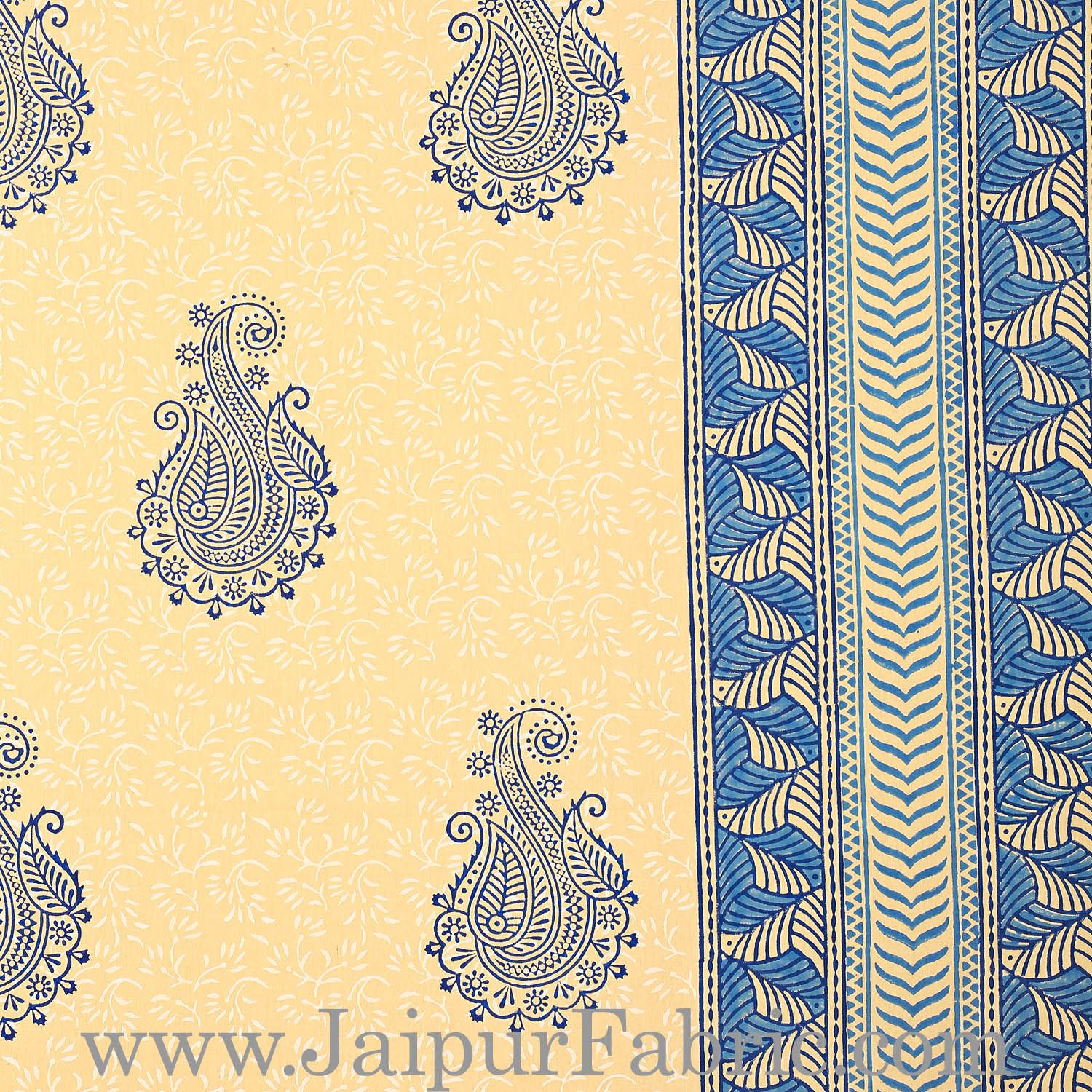 Cream Base Cream  Border Big  Blue Flower With Blue Leaf Pattern Hand Block Print Super Fine Cotton Double Bed Sheet