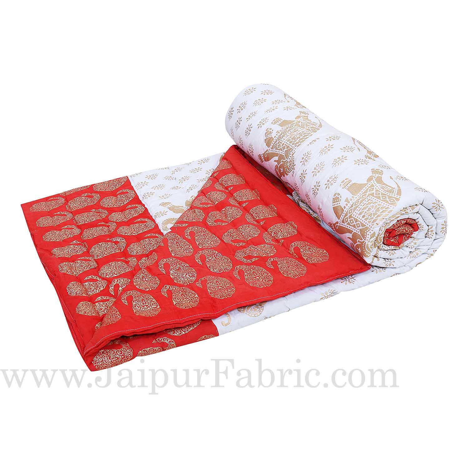 Red Border  Cream Base  With Golden Print Elephant Print Super Fine Cotton Voile(Mulmul) Both Side Printed Cotton Double Bed Quilt