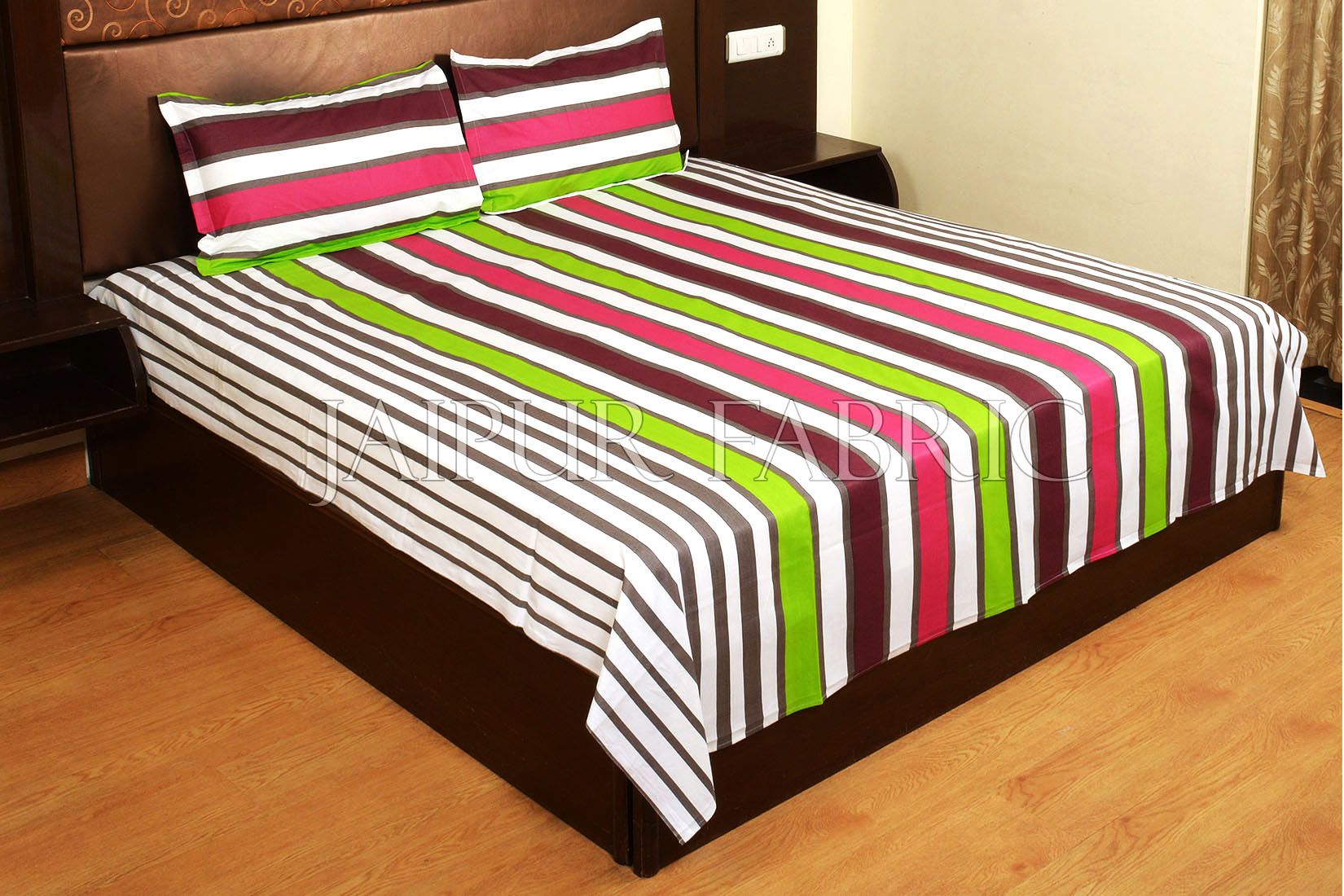 Green and Maroon Vertical Striped Cotton Double Bed Sheet
