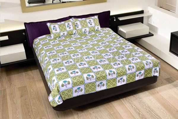 Green Circle with Floral Print Cotton Double Bed Sheet