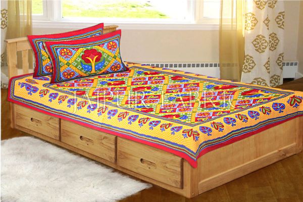 Maroon Border Rajasthani Paan Patta Print Cotton Single Bed Sheet