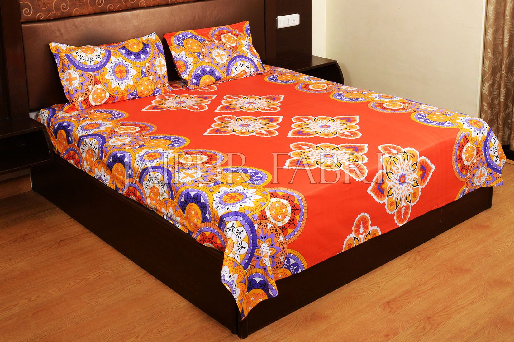 Orange Base Multi Color Rangoli Print Cotton Double Bed Sheet