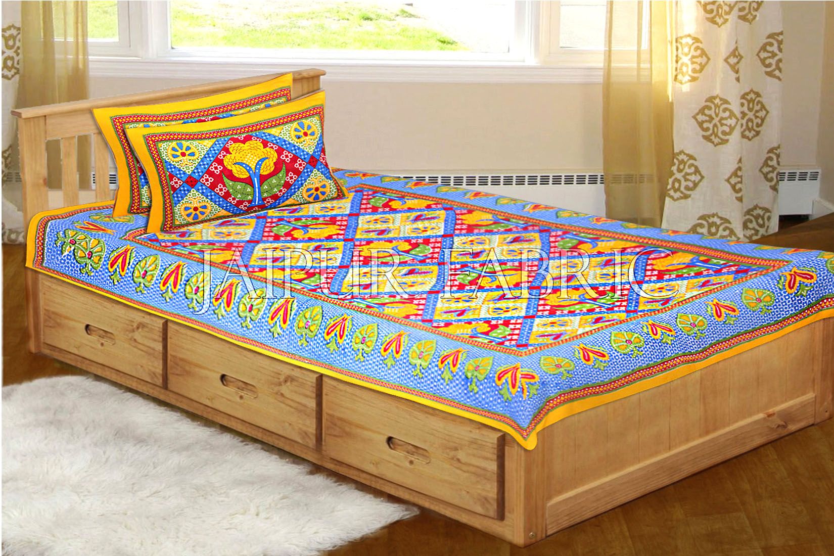 Yellow Border Rajasthani Paan Patta Print Cotton Single Bed Sheet