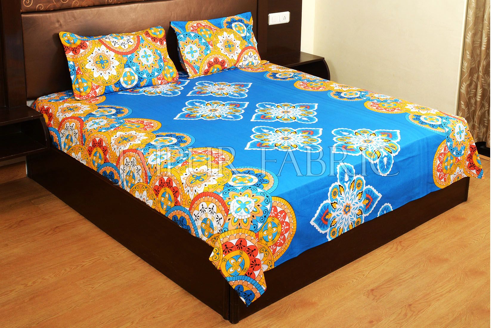 Blue Base Multi Color Rangoli Print Cotton Double Bed Sheet