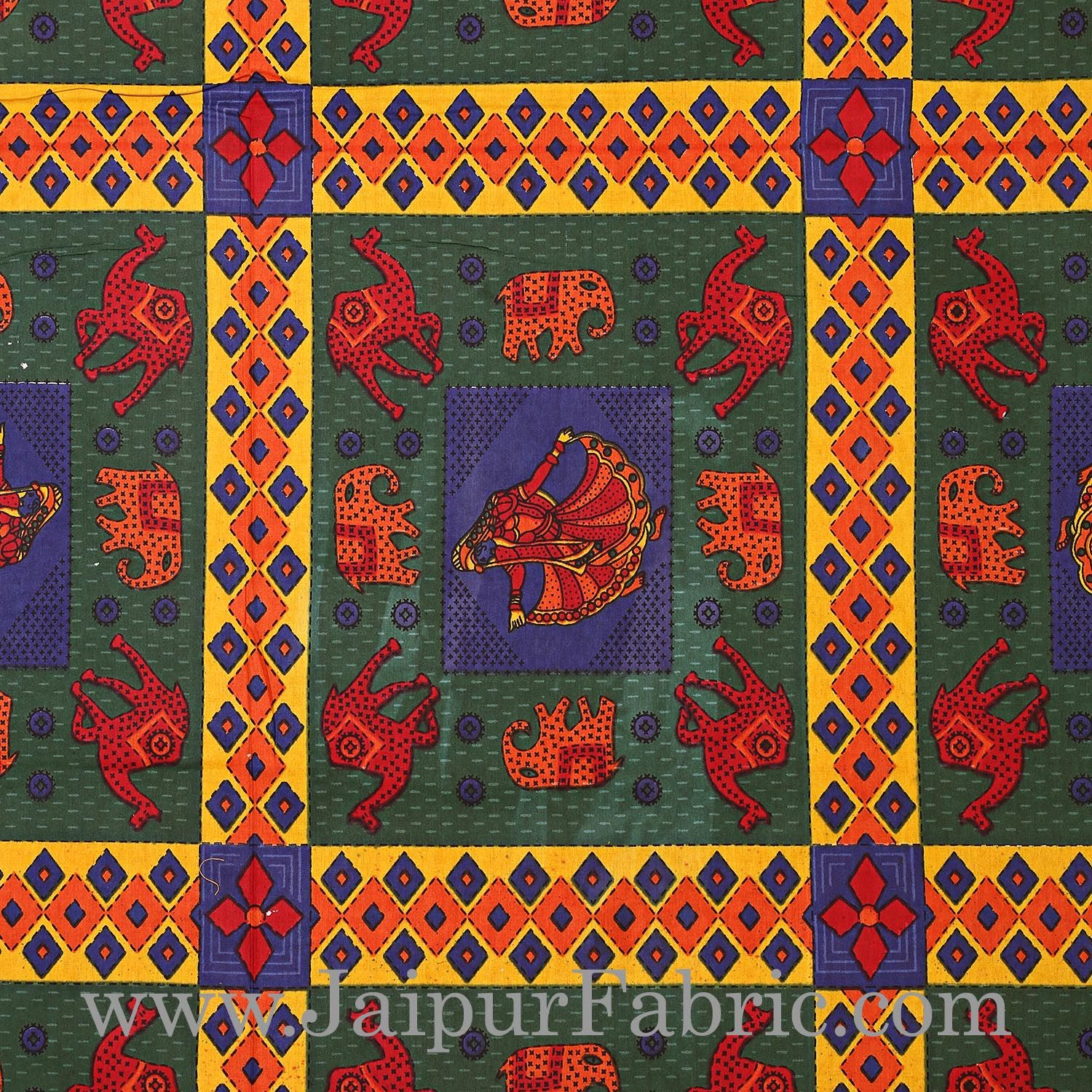 Blue Border Blue Green Base Gujri Dance In Square Pattern Cotton Double Bed Sheet
