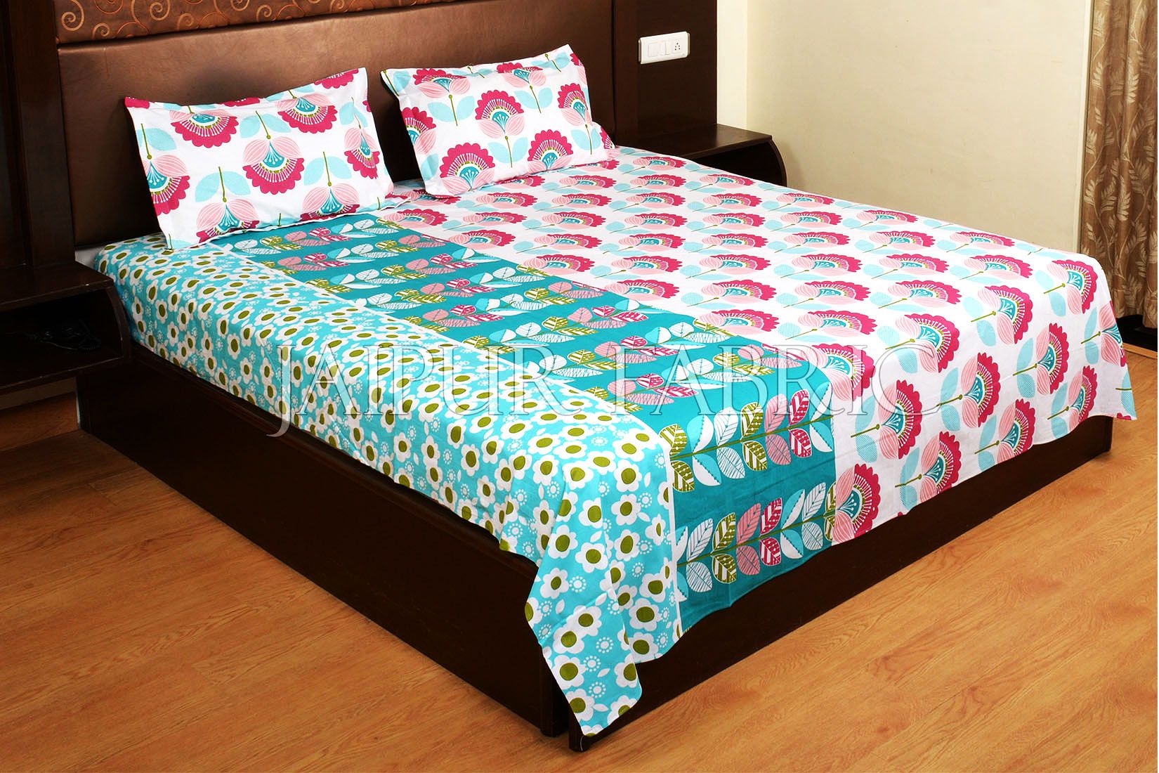 Pink and Cyan Floral Print Cotton Double Bed Sheet