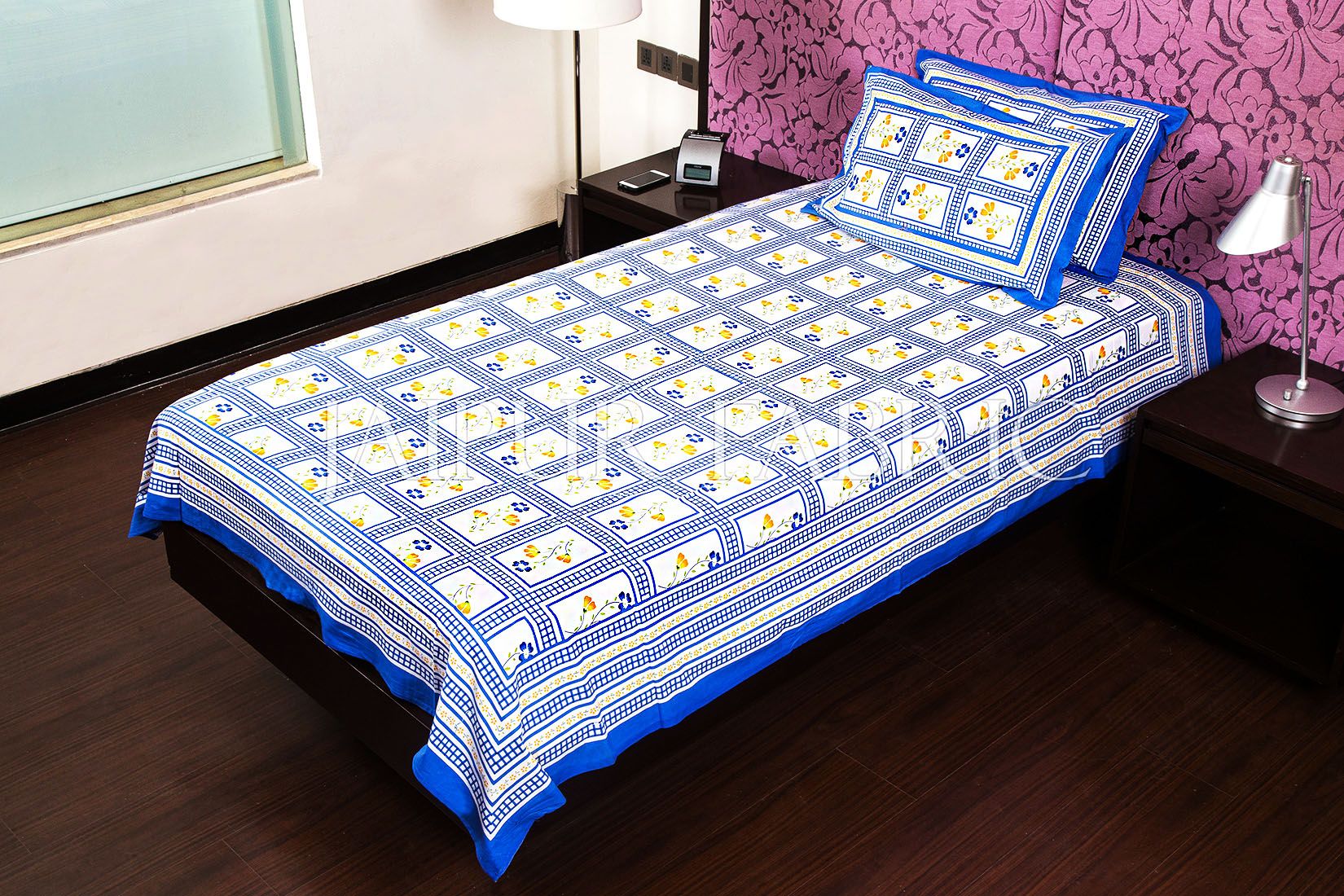 Blue Color White Base Floral Print Single Bed Sheet