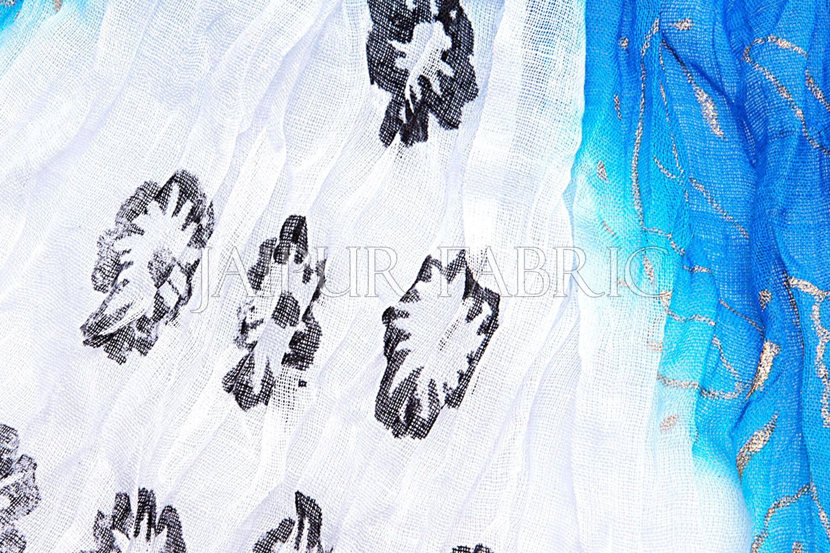Blue and White Floral Gold Print Cotton Scarf