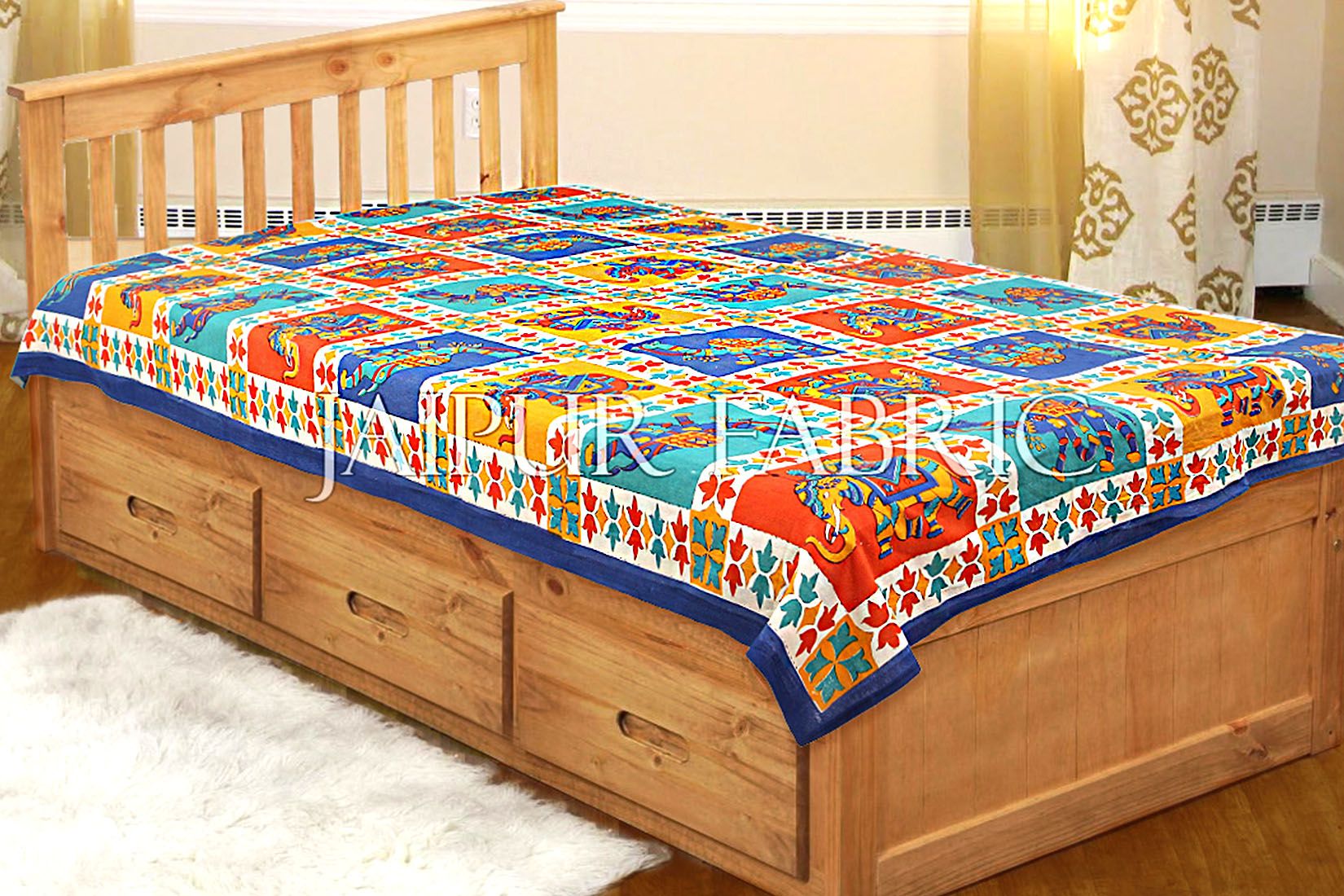 Blue Border Rajasthani Camel and Elephant block print Single Bed sheets