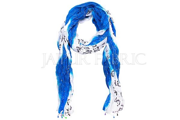 Blue and White Floral Gold Print Cotton Scarf
