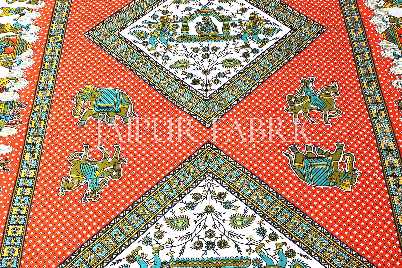 Orange Base Jaipur doli design with elephant Print Single Bedsheet