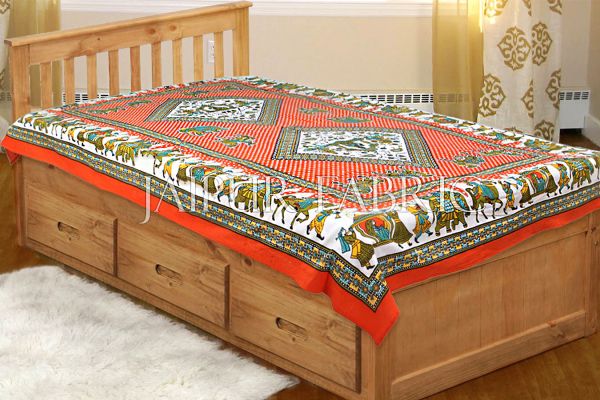 Orange Base Jaipur doli design with elephant Print Single Bedsheet