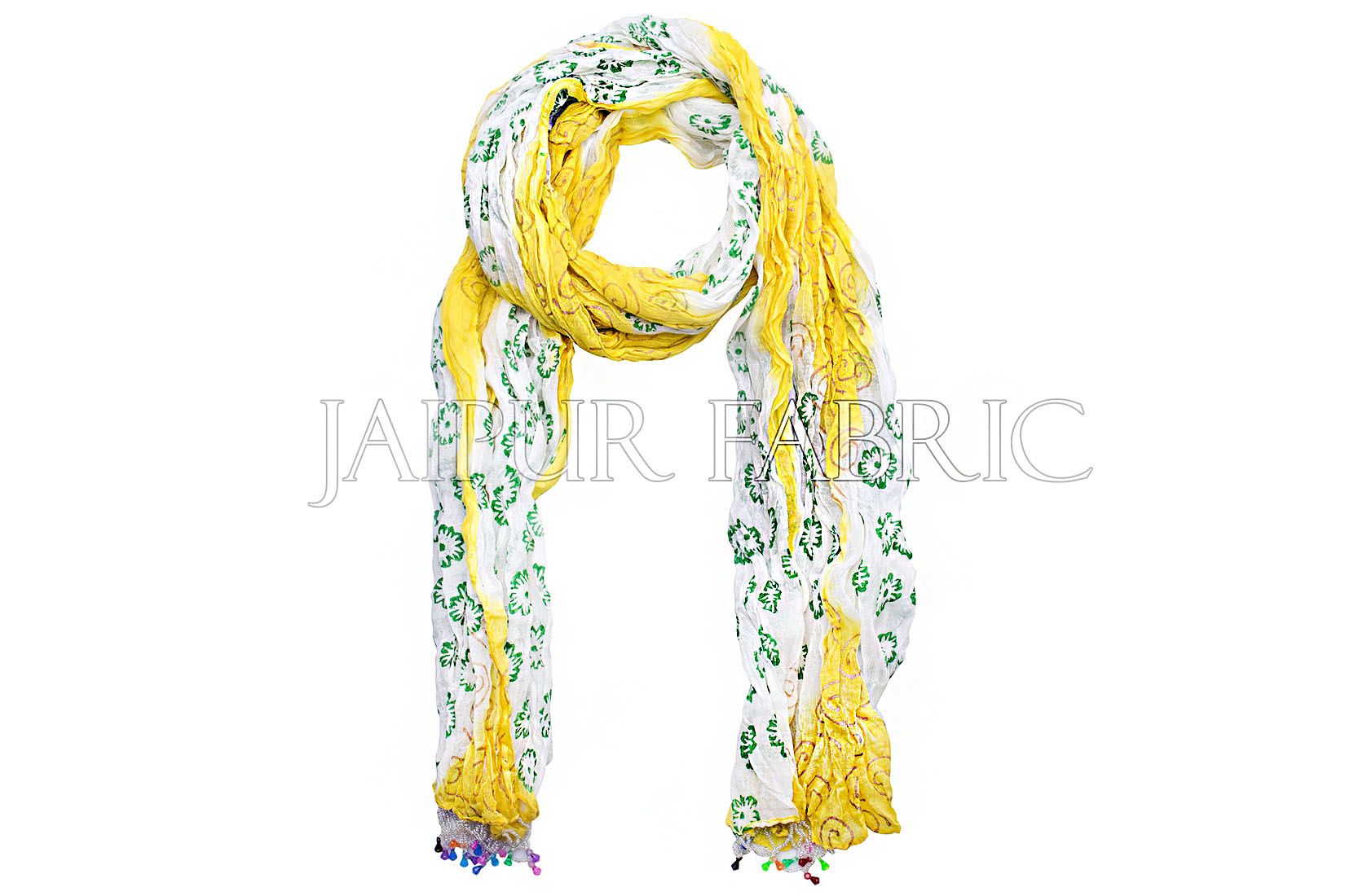 Yellow and White Floral Gold Print Cotton Scarf