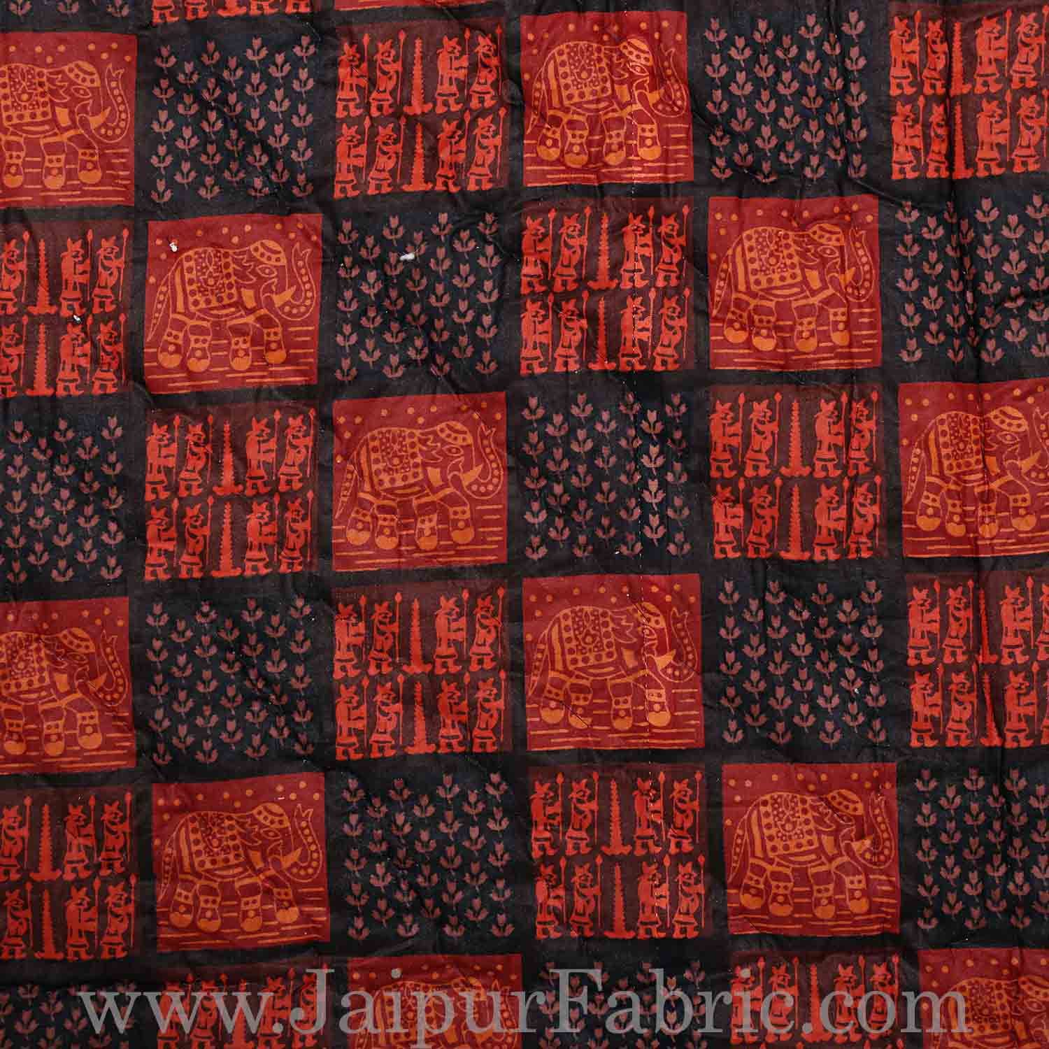 Jaipuri Razai/Quilt Elephant  Check Dabu Print Fine Cotton