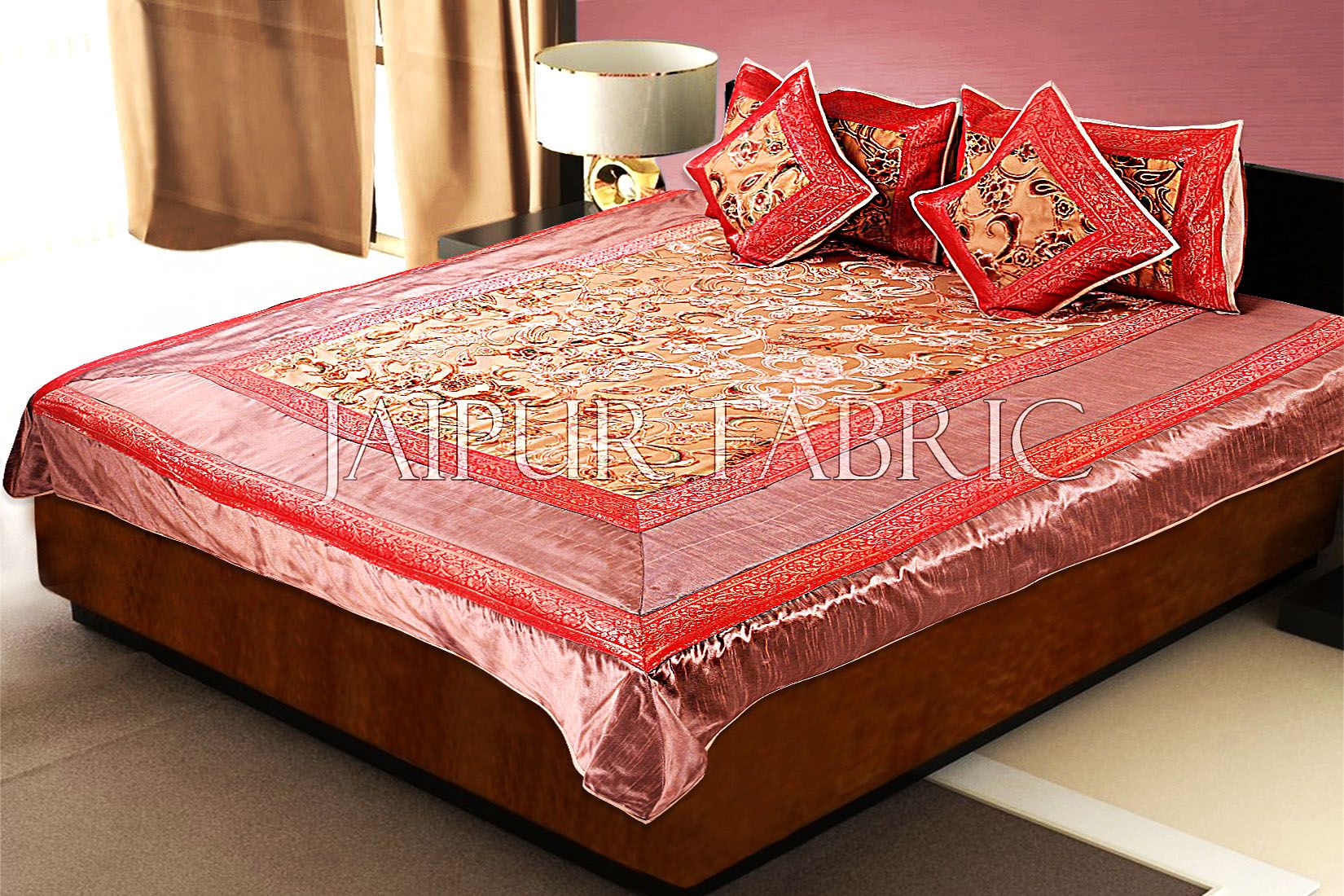 Copper Base With Red Golden Patchwork Cotton Satin Double Bed Sheet