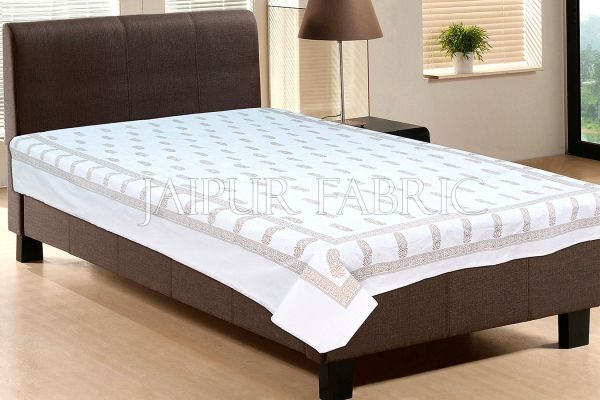 White base With Golden Mango Print Single cotton Bed sheeet