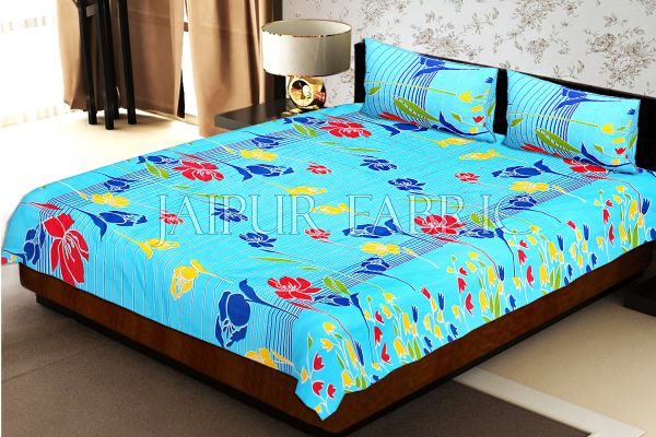 Sky Blue Base Lottos Floral Print Double Bed Sheet
