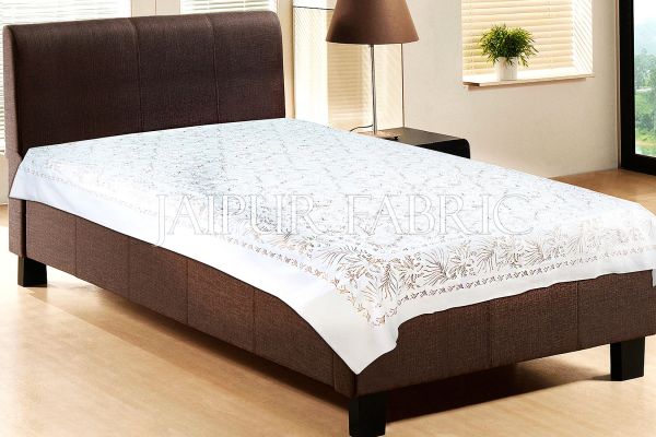 White Base With Gloden hand Block Print Single Cotton Bed Sheet