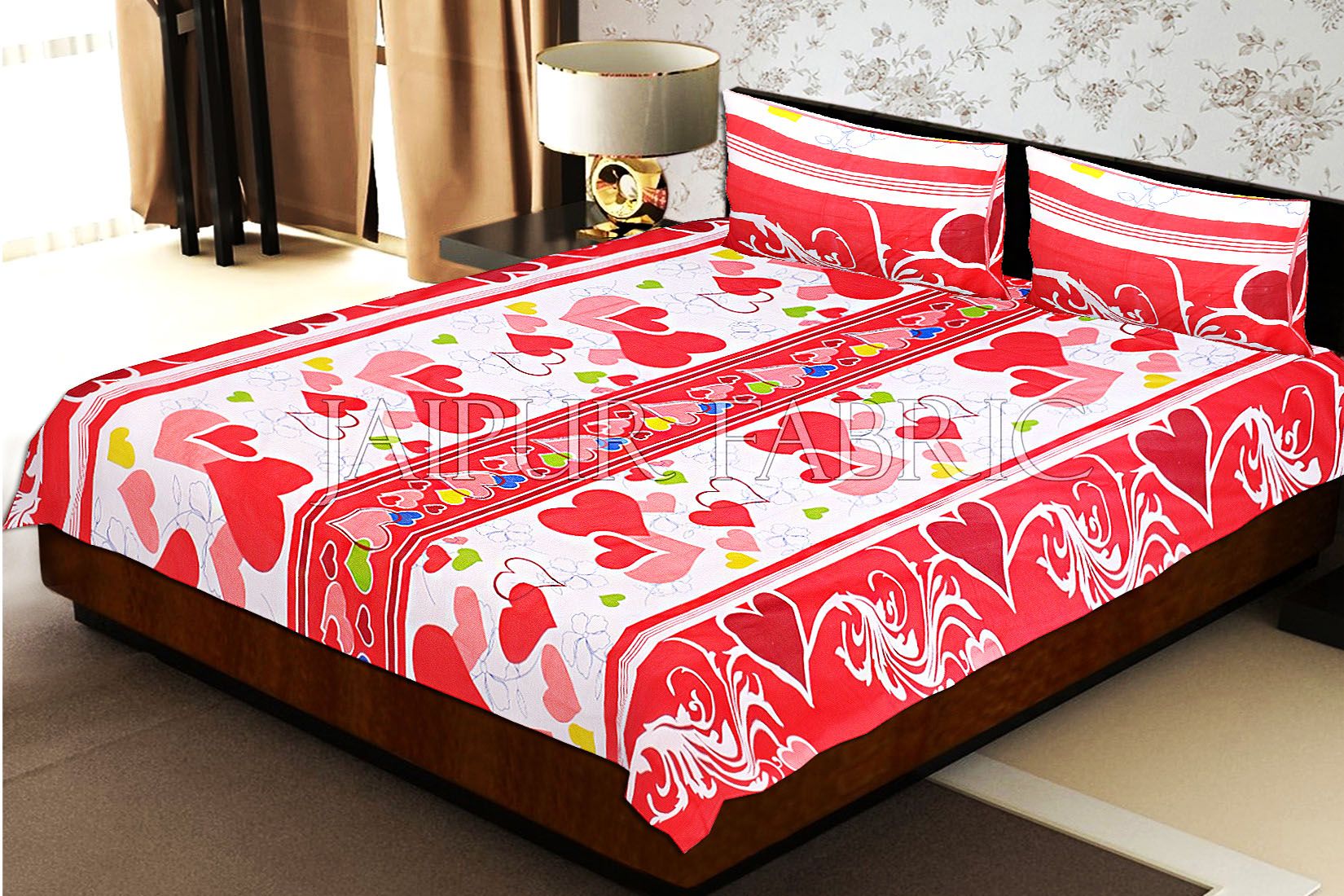 White Base Red Heart Floral Print Double Bed Sheet