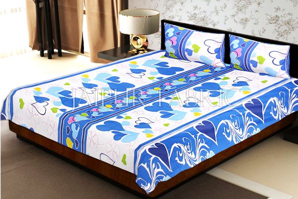 White Base Blue Heart Floral Print Double Bed Sheet