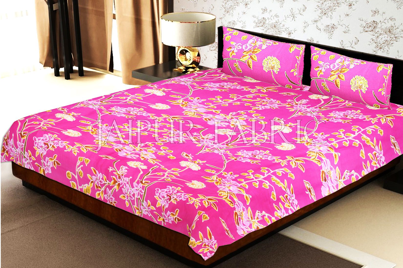 Pink Base Tropical Butterfly Design Double Bed Sheet