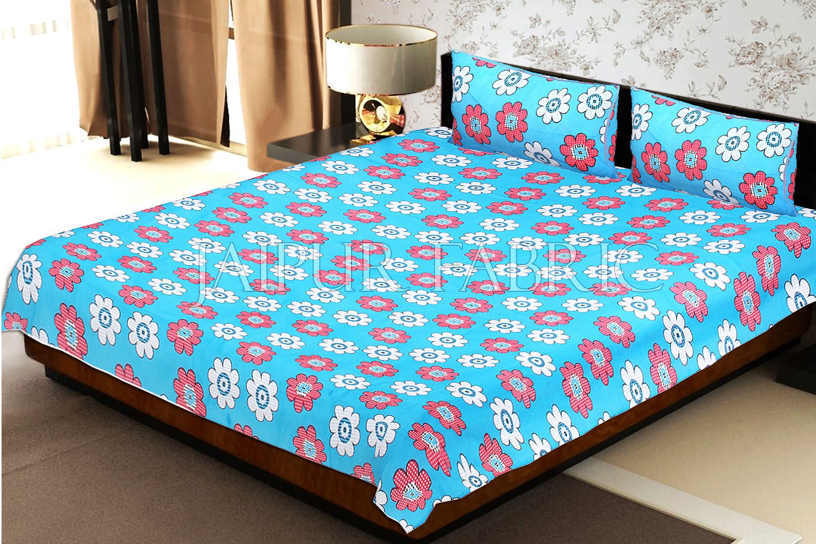 Blue Base Dotted Flower Print Double Bed Sheet