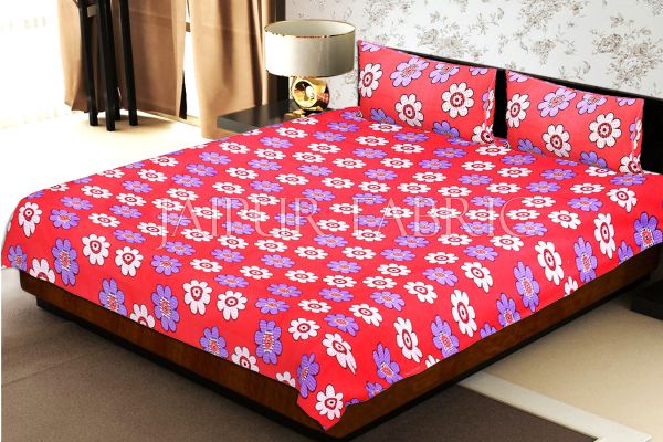 Peach Base Dotted Flower Print Double Bed Sheet