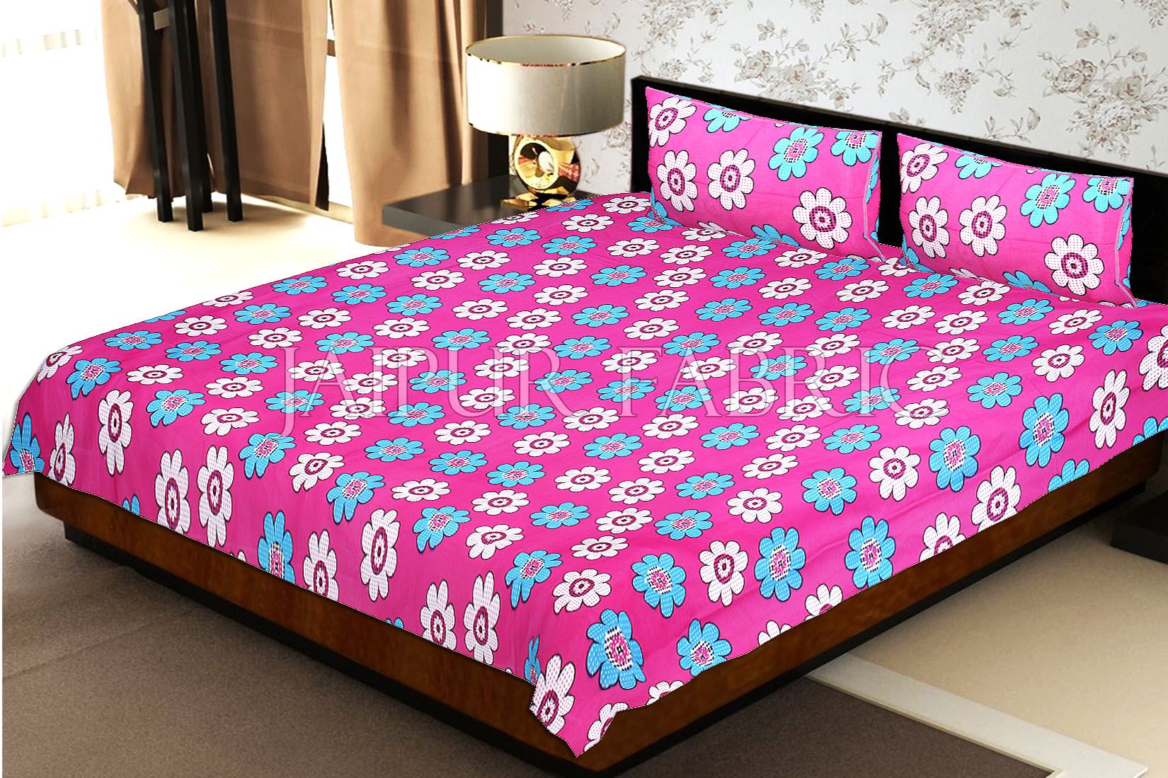 Pink Base Dotted Flower Print Double Bed Sheet