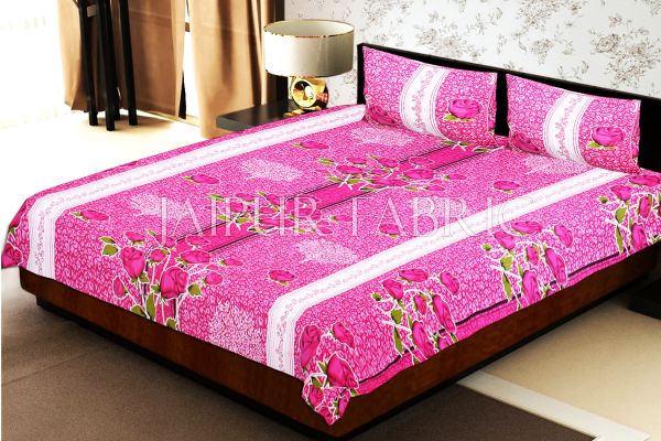 Pink Base Flower Print White Border Double Bed Sheet