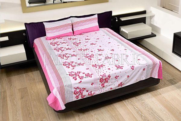 Pink and Black Stripes Floral Print Cotton Double Bed Sheet