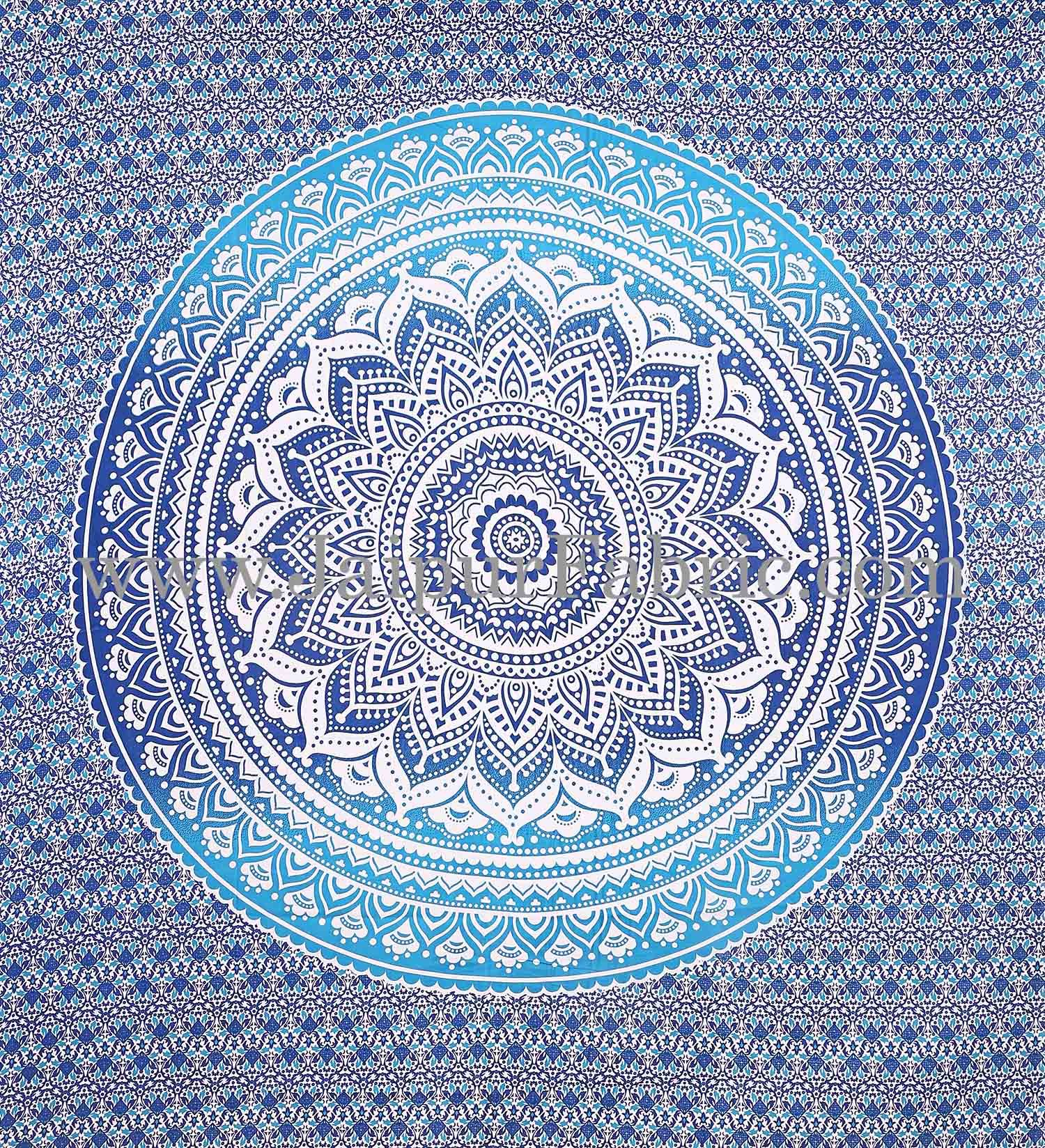 Blue Mandala Tapestry with white hippie indian traditional wall hanging and beach throw