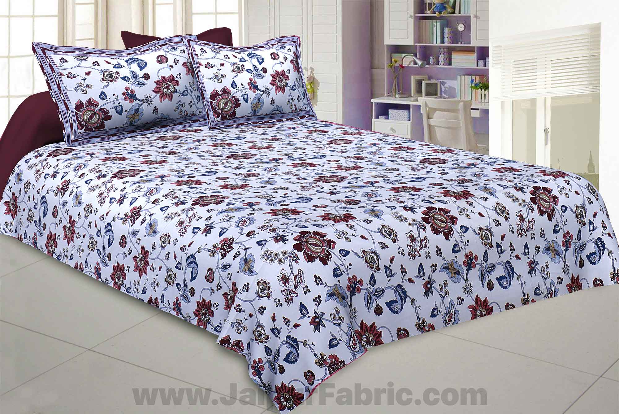 Pure Cotton 240 TC Double bedsheet in reddish floral pattern