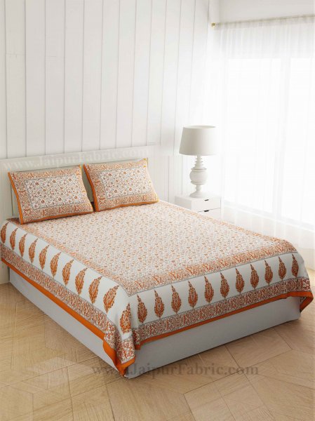 Orange Golden Flowery Motif Print Double Bedsheet