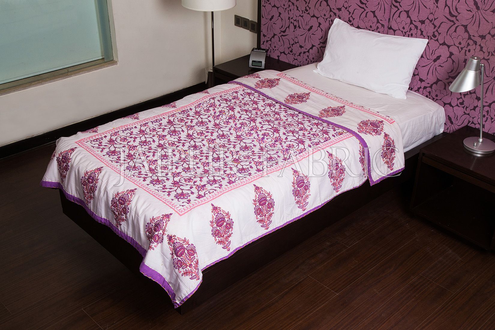 Pink Purple Jaipuri Print Cotton AC Quilt Single Bed Quilt
