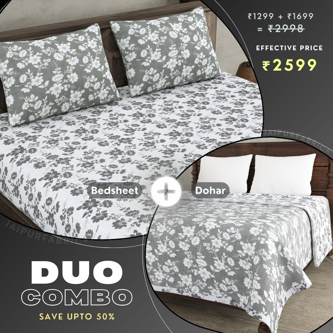 Summer Revival Grey and Off White Dohar and Bedsheet Combo